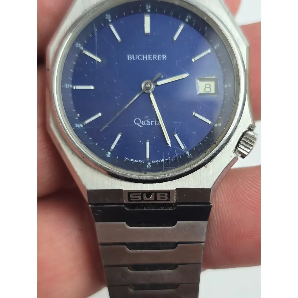 Bucherer Men's Quartz SUB watch Blue Dial -Lock Down Crown Swiss Made 35mm